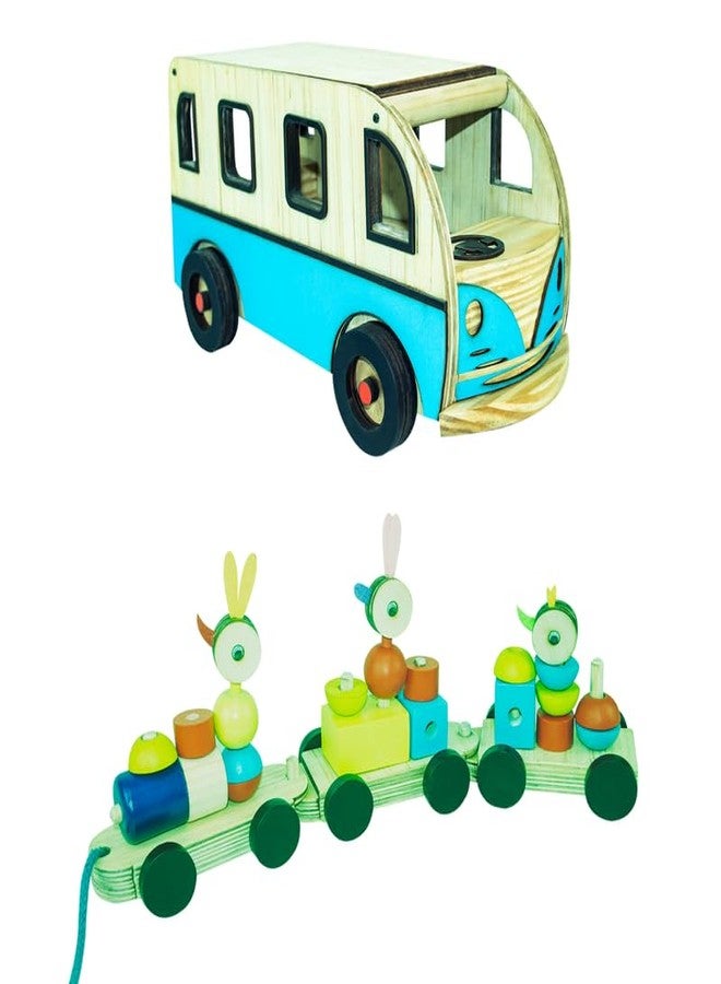 Techny Birds Technybirds Wooden Toy Bus and Wooden Chick Train Combo | Educational Toys for Kids | Montessori Learning Toys | Creative Building Toys | Fine Motor Skills Development - Image 1